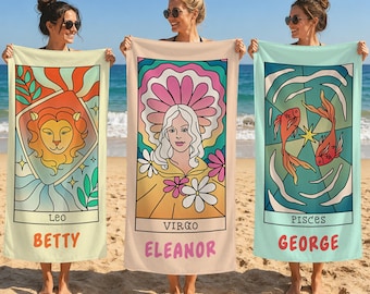 Personalized Horoscope Beach Towels,Summer Vacation Gifts W Name For Girls,Beach Trip Gift,zodiac Party Pool Towel,Custom Zodiac Beach Towel
