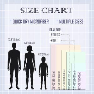 May include: Size chart for quick dry microfiber products. The chart shows sizes for adults and kids, with measurements in inches and centimeters. The chart includes sizes ranging from 3.7" x 28.7" (9.4cm x 72.9cm) to 39" x 71" (99cm x 180cm).