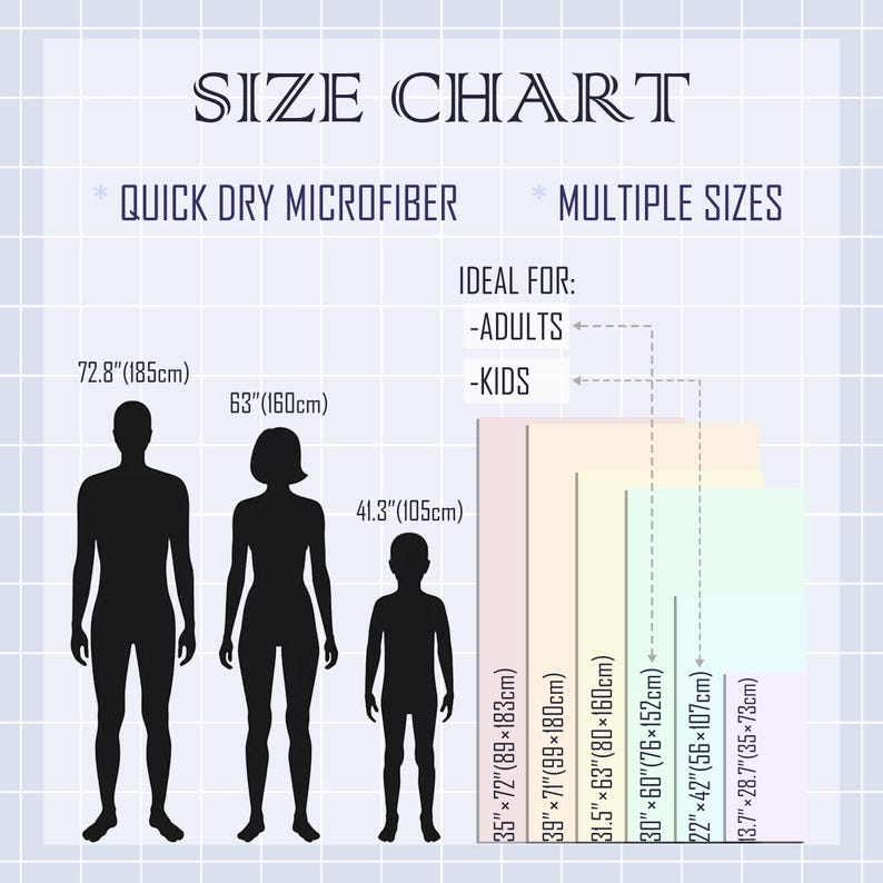 May include: Size chart for quick dry microfiber products. The chart shows sizes for adults and kids, with measurements in inches and centimeters. The chart includes sizes ranging from 3.7" x 28.7" (9.4cm x 72.9cm) to 39" x 71" (99cm x 180cm).
