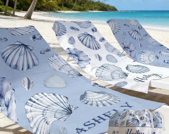 Personalized Elegant Blue Ocean Shells Beach Towel,Custom Name Summer Vacation Gift,Signature Beach Towel For Kids,Pool Towel,Picnic Towel
