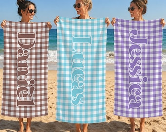 Personalized Classic Stripes and Checks Beach Towel,Custom Name Summer Vacation Gift,Signature Beach Towel For Kids,Pool Towel,Picnic Towel