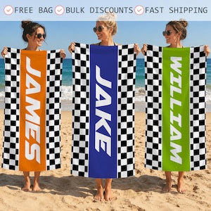 Personalized Retro Checkered Flag Beach Towel,Custom Name Summer Vacation Gift,Motorsport LoversGift,Pool Towel,Race Track Towel,Quick Dry