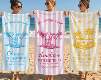 May include: Three rectangular beach towels with vertical stripes in light blue, pink, and yellow. Each towel features the text THE BIRTHDAY TRIP, EST. 2026, and personalized names, ages, and locations. The designs include cocktail glasses or palm trees.