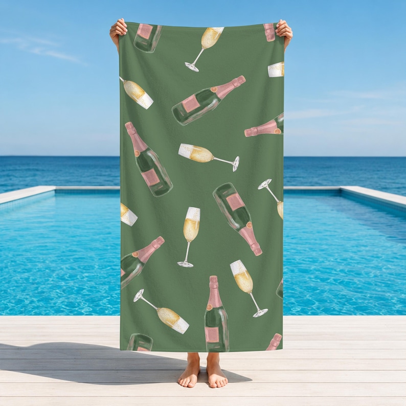 Personalized Champagne Collection Beach Towel,Custom Name Bath Towel,Summer Vacation Gift,Bubbly Lover Gift,Pool Towel,Picnic Towel image 2
