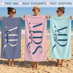 Personlig strandhandduk för par, gåva med namn, handduk till herr och fru, present till nygifta, present till nygifta brudar, bröllops-/smekmånadspresent