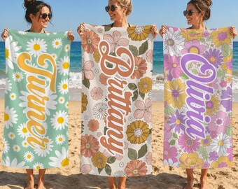 Personalized Girls Retro Floral Beach Towel,Custom Name Summer Vacation Gift,Signature Multiple Styles For Kids,Bachelorette Bridesmaid Gift