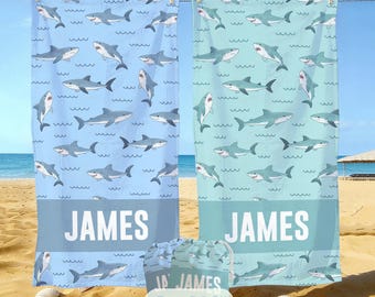 Personalized Ocean Shark Pattern Beach Towel,Custom Name Summer Vacation Gift,Signature Beach Towel For Kids,Pool Towel,Picnic Towel