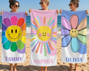 Personalized Rainbow Sun Smiley face Beach Towel,Custom Name Summer Vacation Gift,Signature Beach Towel For Kids,Pool Towel,Picnic Towel