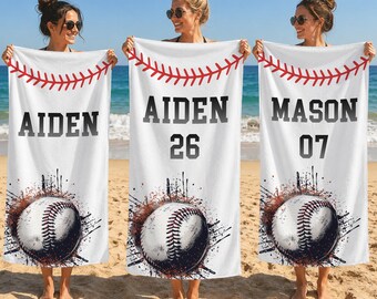 Personalized Baseball Style Beach Towel,Custom Name Summer Vacation Gift,Birthday Gift For Baseball Team,Pool Towel,Baseball Game Towel