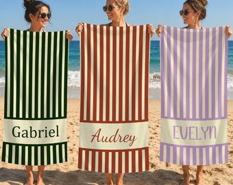 Personalized Retro & Groovy Striped Beach Towel,Custom Name Summer Vacation Gift,Signature Beach Towel For Kids,Pool Towel,Picnic Towel