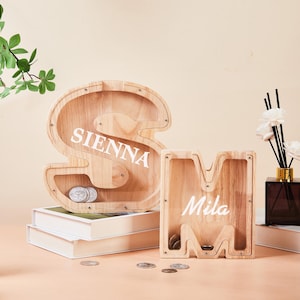 Alcancía de madera grande personalizada con letras para niños, regalo de madera para niños y niñas, alcancía con nombre personalizado, alcancía de madera con letras del alfabeto, regalos de Navidad