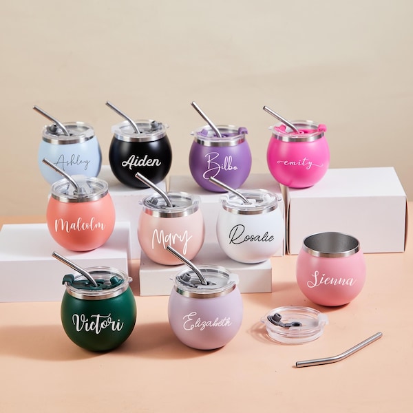 Personalized Mini Round Tumbler with Lid and Straw, Bridesmaid Gifts, Custom Name Stainless Steel Cup, Cute Matte Color Coffee Cup for Her