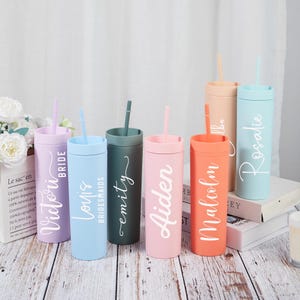 Personalized Tumbler with Lid and Straw, Custom Wedding Cups, 16oz Skinny Tumblers, Bridesmaid Tumbler, Bridesmaid Proposal, Wedding Favors