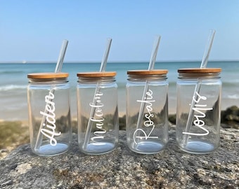 Personalisierte Eiskaffeetasse Floral Retro, benutzerdefinierte Dose Glas mit Deckel und Strohhalm, Bachelorette Glastasse, Brautjungfer Geschenk, Brautjungfer Vorschlag