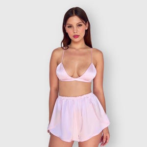 Pink silk triangle bralette in mulberry stretch silk with 22k gold plated hardware