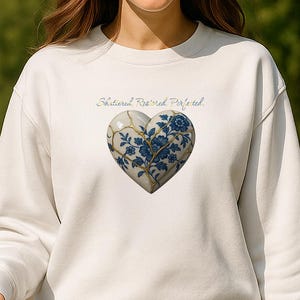 May include: A white sweatshirt featuring a heart-shaped design with blue floral patterns and the text "Shattered Restored Perfect". The design is centered on the front of the sweatshirt. The person is wearing blue jeans and is walking a golden retriever.