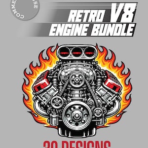 Paquete de archivos SVG de motores V8 retro, diseños de camisetas Hot Rod, imágenes prediseñadas de autos deportivos, archivos SVG de garaje vintage, archivos Cricut, uso comercial OK-200