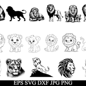 May include: A collection of black and white lion illustrations. The image includes various depictions of lions, lionesses, and cubs in different poses, including standing, sitting, and lying down. The style ranges from realistic to cartoonish.