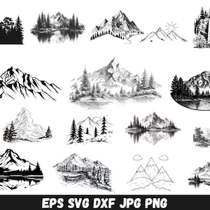 Puede incluir: Colección de ilustraciones de montañas y bosques en blanco y negro. Las imágenes incluyen varias cordilleras, árboles y paisajes, adecuadas para proyectos de arte digital o diseño. La parte inferior de la imagen muestra los formatos de archivo: EPS SVG DXF JPG PNG.