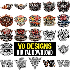 Może przedstawiać: Kolekcja wzorów silników V8 w różnych stylach. Projekty przedstawiają płomienie, tłoki i klasyczne samochody. Tekst "V8 DESIGNS DIGITAL DOWNLOAD" jest wyświetlany w kolorze żółtym i białym.