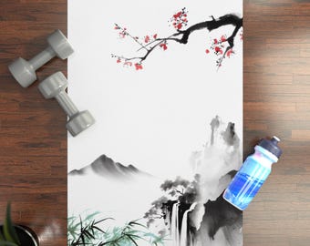 Tappetino yoga in gomma Yin Yang: design Sumi-e, ecologico OK-109