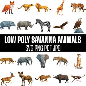 Low Poly Savanna Animals SVG Bundle, Safari Animals Clipart Set, Elephant Lion Giraffe Zebra Rhino, svg png jpg pdf – Nursery Art OK-215