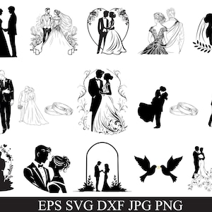 May include: A collection of black and white wedding-themed illustrations. The images depict couples in various poses, including silhouettes, embracing, and holding hands. Some designs feature floral elements, doves, and wedding rings.