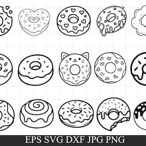 May include: A collection of black and white line art illustrations of various donuts. Designs include classic round donuts, a heart-shaped donut, a cat-shaped donut, and donuts with sprinkles and icing. The image also includes the text "EPS SVG DXF JPG PNG".