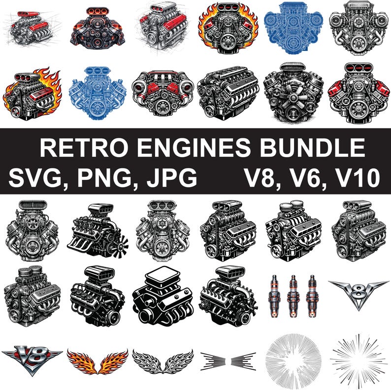 Ready to Print Digital Images, V8 Engine SVG Bundle, Muscle Car Engine ...