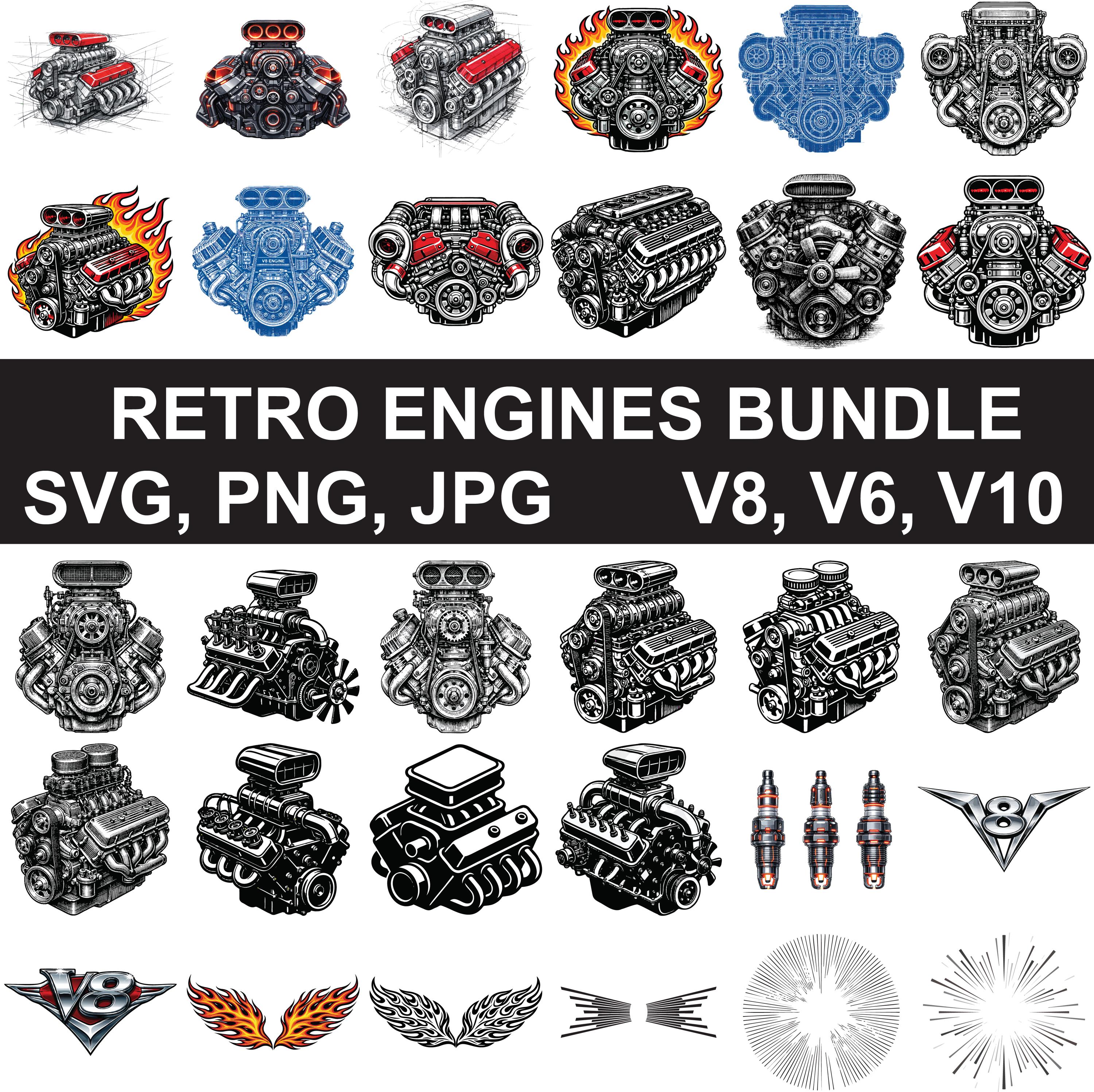 Ready to Print Digital Images, V8 Engine SVG Bundle, Muscle Car Engine ...