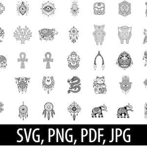 Puede incluir: Una colección de ilustraciones en blanco y negro que representan varios símbolos espirituales y culturales. Los diseños incluyen un ojo, una mano, un elefante, un atrapasueños, un cerdo y un gato de la suerte. La imagen también incluye el texto "SVG, PNG, PDF, JPG".