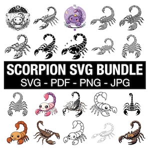 May include: A collection of scorpion-themed digital designs. The image features various scorpion illustrations in different styles, including cartoon and detailed line art. The text "SCORPION SVG BUNDLE" is prominently displayed, along with file type indicators: SVG, PDF, PNG, and JPG.