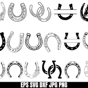 May include: A collection of horseshoe designs in black and white. The designs include horseshoes with floral accents, a horse head silhouette, and a horseshoe with a space for text. The image is in EPS, SVG, DXF, JPG, and PNG formats.