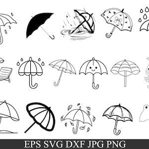 May include: A collection of black and white umbrella illustrations. The designs include open umbrellas, closed umbrellas, umbrellas with rain, and umbrellas with decorative elements like hearts and leaves. The image also includes a beach umbrella and a cartoon duck holding an umbrella.