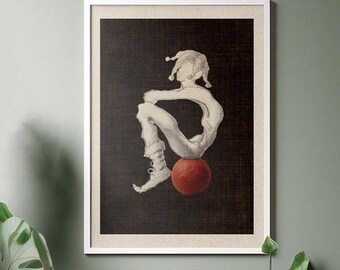 Jester on Red Stone Whimsical Hand Drawn Digital Art Print OK-124