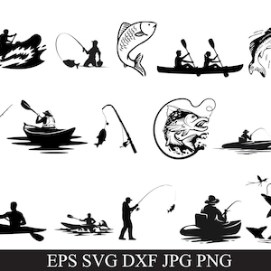 May include: A collection of black and white fishing-themed vector graphics. Silhouettes depict various fishing activities, including kayaking, boat fishing, and angling. The designs include fish, fishing rods, and people.