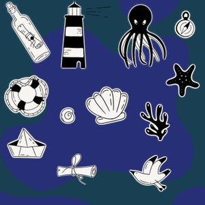 Sea Icons Clipart Bundle – Nautical Line Art PNG Set for Coastal Crafts