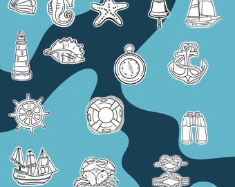 Nautical Line Art Icons – Minimalist Sea Clipart PNG Set for Coastal Crafts
