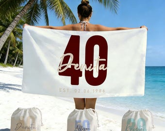 Serviette de plage personnalisée pour 50e/40e/e anniversaire, serviette personnalisée, accessoire de vacances, cadeau pour amoureux de la plage, serviette de piscine, idée cadeau d'anniversaire