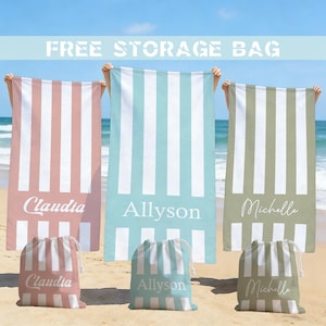 Serviette de plage personnalisée rétro à rayures multicolores, serviette avec prénom personnalisé, serviette de piscine de vacances pour enfants, cadeau pour amoureux de la plage, cadeau d'anniversaire pour fille