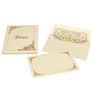 Portafolio con tarjetas planas grandes y sobres, papel italiano, varios diseños florentinos