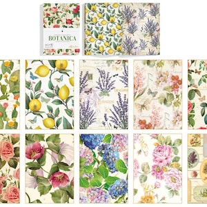 May include: Botanical-themed decorative paper sheets featuring floral and botanical designs. The designs include lemons, lavender, roses, and cacti. The sheets are arranged in a grid, with the dimensions of 50 x 70 cm.