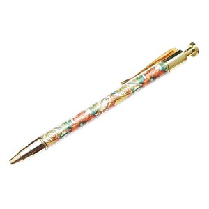 May include: A gold-toned pen with a floral design. The pen's barrel features a white background with red, orange, and green flowers. The pen has a gold clip and tip, and is designed for writing.