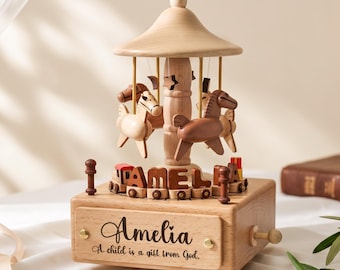 Custom Name Rotating Horse Carousel Music Box, Wooden Wind Up Musical Keepsake For Toddler 1st Birthday Gift