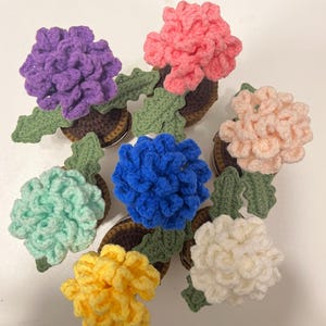 May include: A collection of handmade crochet flowers in various colors, including purple, pink, blue, yellow, and white. Each flower has green leaves and is set in a brown pot. The flowers are arranged on a white surface.