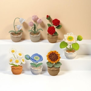Könnte beinhalten: Eine Sammlung handgefertigter Häkelblumen in kleinen gewebten Töpfen. Die Blumen umfassen weiße glockenförmige Blüten, rosa Knospen, rote Rosen, weiße Gänseblümchen, eine blaue Blume und eine Sonnenblume. Jeder Topf hat ein einzigartiges Design.