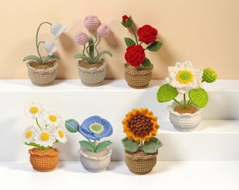 Maceta de margaritas de ganchillo, lirio de los valles, rosas rojas ardientes, loto, girasoles, tulipanes, regalos para ella, regalo romántico, regalo para novia