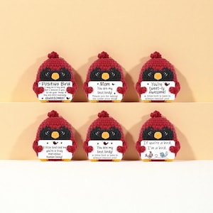 May include: Six handmade crochet bird ornaments in red, black, and yellow. Each bird holds a white sign with a different positive message. The birds are arranged in two rows of three.