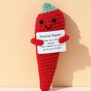 May include: A handmade, red crocheted pepper with a green stem and black eyes. The pepper holds a white sign that reads "Positive Pepper" and a motivational message. A whimsical, handcrafted item.