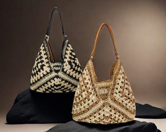 Bolso de hombro de crochet, bolso de hombro tejido con flores huecas cuadradas, bolso de mujer, bolso negro, bolso de paja hecho a mano, regalo para mujer, regalo para mamá